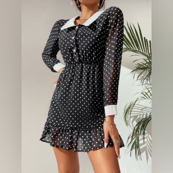 Zara Polka Dot Mini Black White Dress Collar Size S - Picture 7 of 11